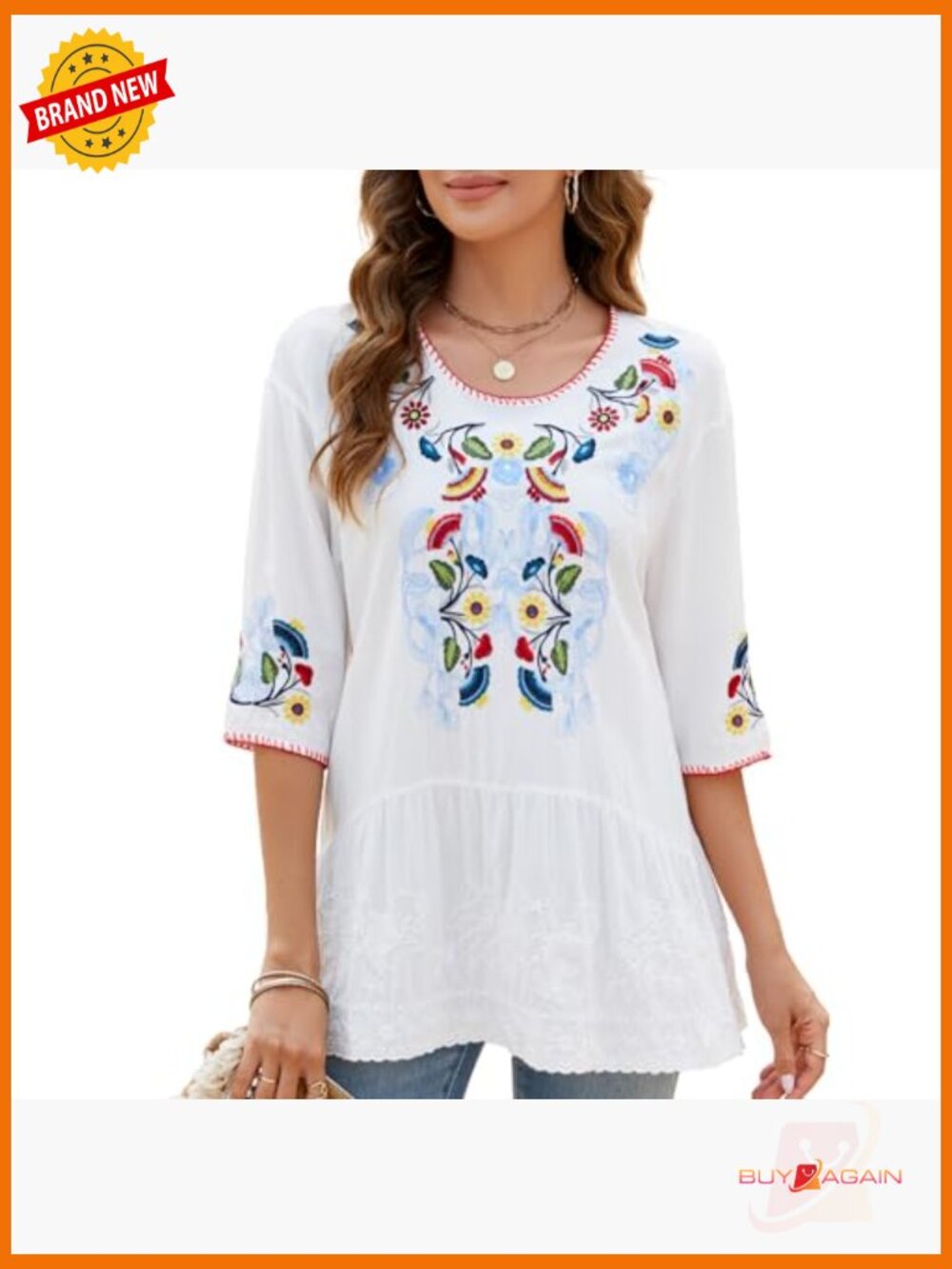 Women's Embroidered Cotton Peasant Top 3/4 Sleeve Loose Fit Bohemian Tunic - Picture 2 of 6